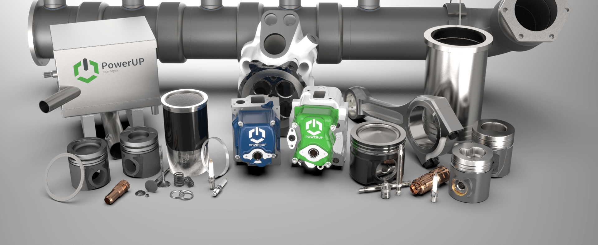 PowerUp's product range for gas engine spare-parts, service-solutions and upgrade-development.