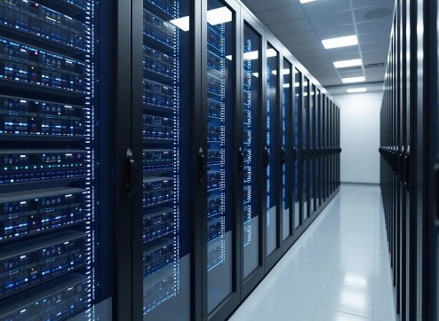 Reihe von Serverschränken mit leuchtenden LEDs in einem modernen, sauberen Datenzentrum von PowerUP