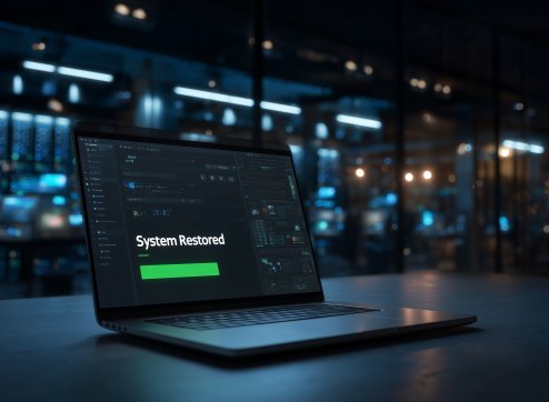 Techniker bei der Fernwartung von Servern in einem beleuchteten Rechenzentrum von PowerUP