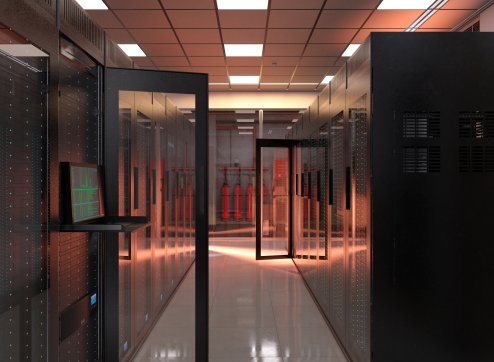 Angebrachter Brandschutz in einem PowerUP-Datenzentrum, sorgfältige Kabelführung und Serverracks im Hintergrund.