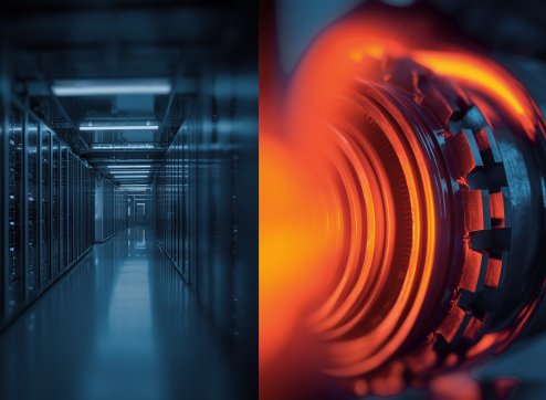 Thermographiebild eines Rechenzentrums zeigt Wärmequellen und -belastungen, visualisiert als vielfarbige Wärmebilder.